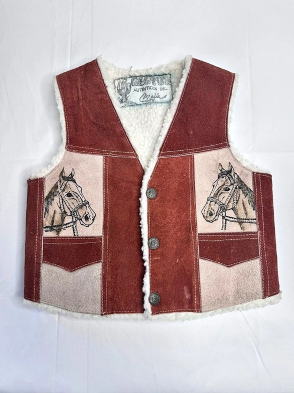 Cactus Boys Western Cowboy Horse Sherpa Lined Vest Brown Cream